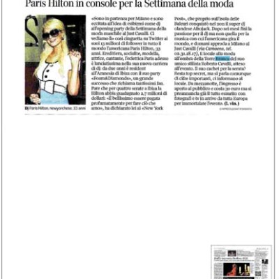 Italian newspaper page with image and text about Paris Hilton at Milan Fashion Week.