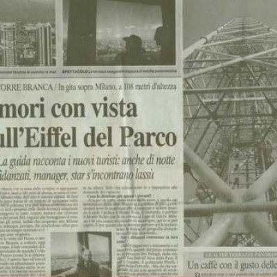 Italian newspaper page discussing Torre Branca with photos of the tower's structure and skyline views.