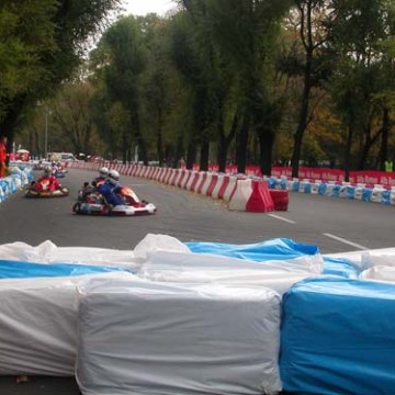 Go-karts racing on a track lined with blue and white barriers under trees.