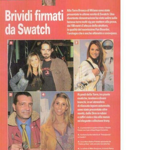 Italian magazine page featuring people, watches, and Swatch promotional text.