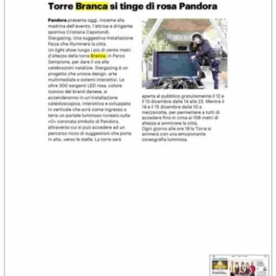 Italian newspaper page with an article about Torre Branca and Pandora event.