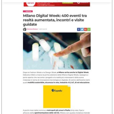 Article about Milano Digital Week with a photo of a hand touching holographic screens.
