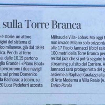 Newspaper clipping about Paolo Jannacci's recital on Torre Branca with two people pictured.