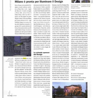 Magazine page on Milan's design scene with text and two small images of buildings.