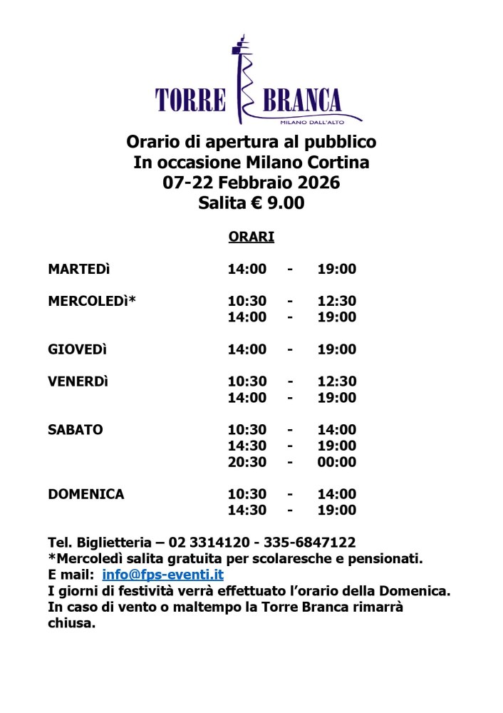 Torre Branca opening hours for Milano Cortina, February 7-22, 2026, with days and times listed.